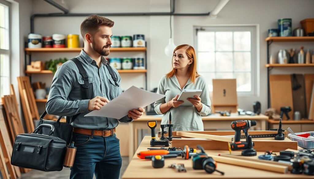 A professional handyman in smart casual attire stands confidently in the foreground, holding a toolkit and discussing plans with a homeowner. The homeowner, dressed simply yet neatly, appears engaged and thoughtful, with a notepad in hand, jotting down ideas. In the middle ground, various tools and gadgets are displayed on a workbench, reflecting the handyman's skills, with a measuring tape and level prominently featured. The background shows a well-lit, organized workshop environment with shelves holding paint cans, hardware, and a large window letting in natural light, enhancing the inviting atmosphere. The overall mood is friendly and collaborative, illustrating the process of choosing the right handyman with professionalism and trust. A professional handyman in smart casual attire stands confidently in the foreground, holding a toolkit and discussing plans with a homeowner. The homeowner, dressed simply yet neatly, appears engaged and thoughtful, with a notepad in hand, jotting down ideas. In the middle ground, various tools and gadgets are displayed on a workbench, reflecting the handyman's skills, with a measuring tape and level prominently featured. The background shows a well-lit, organized workshop environment with shelves holding paint cans, hardware, and a large window letting in natural light, enhancing the inviting atmosphere. The overall mood is friendly and collaborative, illustrating the process of choosing the right handyman with professionalism and trust.