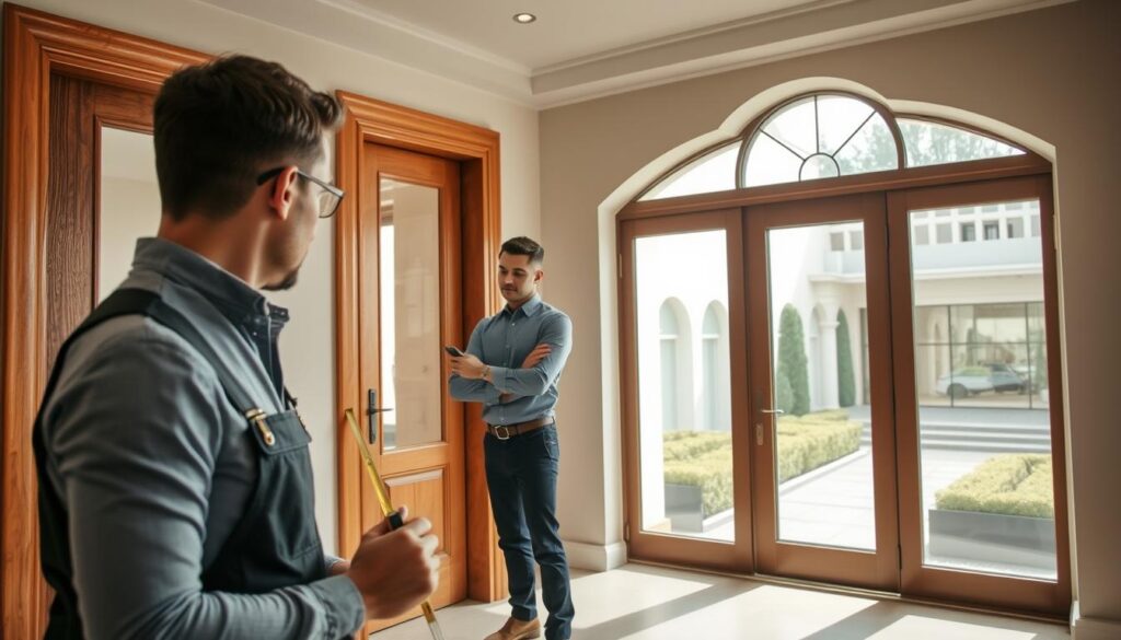 A professional handyman in smart casual clothing confidently installs elegant wooden doors and sleek glass windows in a luxurious Sandton home. In the foreground, focus on the handyman using precise tools, like a measuring tape and level, ensuring everything is perfectly aligned. The middle ground showcases stunning, modern doors and expansive windows that invite natural light into the space, highlighting their intricate designs. The background features the elegant architecture of the luxury home, surrounded by well-manicured landscaping, under soft, diffused daylight for a serene atmosphere. Capture the scene from a slightly lower angle to emphasize the craftsmanship and the grandeur of the home, with a warm, inviting mood throughout the image. A professional handyman in smart casual clothing confidently installs elegant wooden doors and sleek glass windows in a luxurious Sandton home. In the foreground, focus on the handyman using precise tools, like a measuring tape and level, ensuring everything is perfectly aligned. The middle ground showcases stunning, modern doors and expansive windows that invite natural light into the space, highlighting their intricate designs. The background features the elegant architecture of the luxury home, surrounded by well-manicured landscaping, under soft, diffused daylight for a serene atmosphere. Capture the scene from a slightly lower angle to emphasize the craftsmanship and the grandeur of the home, with a warm, inviting mood throughout the image.