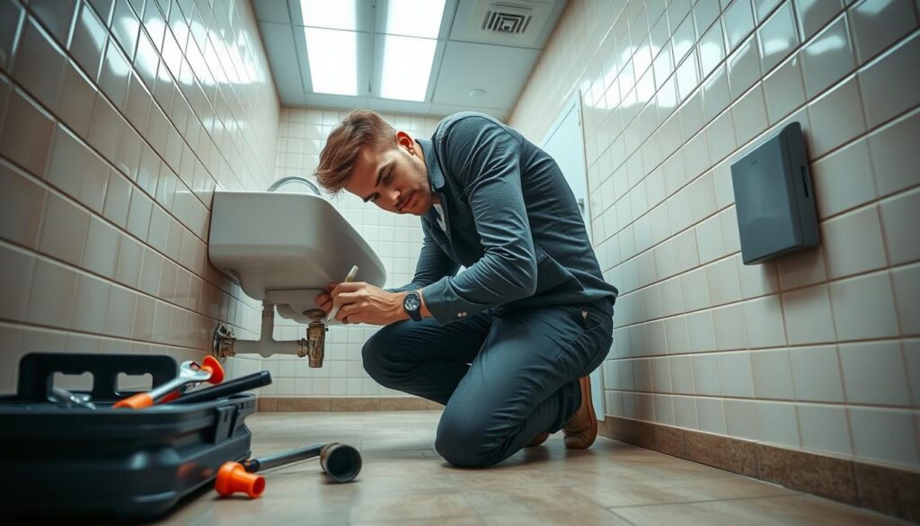 A professional handyman in smart casual clothing working on a leaking pipe in a commercial restroom. The foreground shows a toolbox with plumbing tools like a wrench and plunger. In the middle, the handyman is kneeling by a sink, examining the pipes beneath with a focused expression. The background features neatly tiled walls and a clean bathroom environment, with overhead fluorescent lights illuminating the scene, creating a bright, functional atmosphere. A slight angle captures the action from the side, emphasizing the repair process while maintaining safety and professionalism. The overall mood is one of diligence and expertise, highlighting the importance of effective plumbing repairs for both staff and customers in a commercial setting. A professional handyman in smart casual clothing working on a leaking pipe in a commercial restroom. The foreground shows a toolbox with plumbing tools like a wrench and plunger. In the middle, the handyman is kneeling by a sink, examining the pipes beneath with a focused expression. The background features neatly tiled walls and a clean bathroom environment, with overhead fluorescent lights illuminating the scene, creating a bright, functional atmosphere. A slight angle captures the action from the side, emphasizing the repair process while maintaining safety and professionalism. The overall mood is one of diligence and expertise, highlighting the importance of effective plumbing repairs for both staff and customers in a commercial setting.