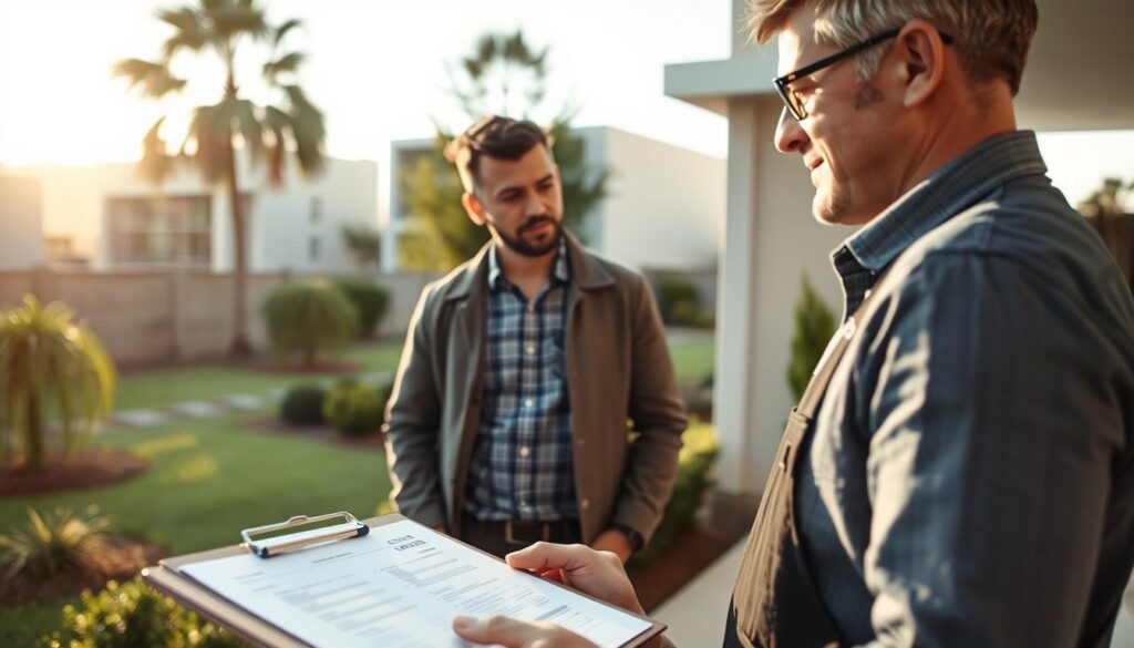 A professional handyman inspecting a property during a site visit, dressed in smart casual attire, discussing maintenance needs with a client. In the foreground, a clipboard with a detailed quote and notes is visible. The middle ground features the client, nodding thoughtfully, while the handyman points towards an area needing repair. The background showcases a well-maintained garden and a few buildings in the Greenstone Hill Complex, bathed in soft afternoon sunlight. The lighting is warm and inviting, creating a collaborative and professional atmosphere. A wide-angle perspective captures the essence of teamwork and clear communication, emphasizing the process of site visits and quotes for maintenance services. A professional handyman inspecting a property during a site visit, dressed in smart casual attire, discussing maintenance needs with a client. In the foreground, a clipboard with a detailed quote and notes is visible. The middle ground features the client, nodding thoughtfully, while the handyman points towards an area needing repair. The background showcases a well-maintained garden and a few buildings in the Greenstone Hill Complex, bathed in soft afternoon sunlight. The lighting is warm and inviting, creating a collaborative and professional atmosphere. A wide-angle perspective captures the essence of teamwork and clear communication, emphasizing the process of site visits and quotes for maintenance services.
