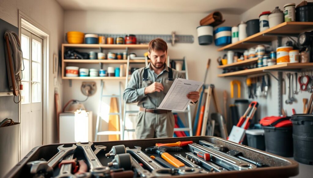 A professional handyman inspecting various tools and equipment in a well-lit, organized garage. In the foreground, a toolbox with a range of tools like wrenches, screwdrivers, and pliers, carefully laid out. In the middle ground, a handyman in modest, professional work attire examines a home maintenance checklist while standing next to a ladder and maintenance supplies. The background features shelves neatly stocked with paints, brushes, and plumbing supplies, demonstrating an efficient workspace. The scene is bathed in warm, natural light filtering in through a nearby window, creating a welcoming atmosphere of productivity and care. The overall mood is one of efficiency and readiness, emphasizing the importance of general maintenance in keeping properties running smoothly. A professional handyman inspecting various tools and equipment in a well-lit, organized garage. In the foreground, a toolbox with a range of tools like wrenches, screwdrivers, and pliers, carefully laid out. In the middle ground, a handyman in modest, professional work attire examines a home maintenance checklist while standing next to a ladder and maintenance supplies. The background features shelves neatly stocked with paints, brushes, and plumbing supplies, demonstrating an efficient workspace. The scene is bathed in warm, natural light filtering in through a nearby window, creating a welcoming atmosphere of productivity and care. The overall mood is one of efficiency and readiness, emphasizing the importance of general maintenance in keeping properties running smoothly.