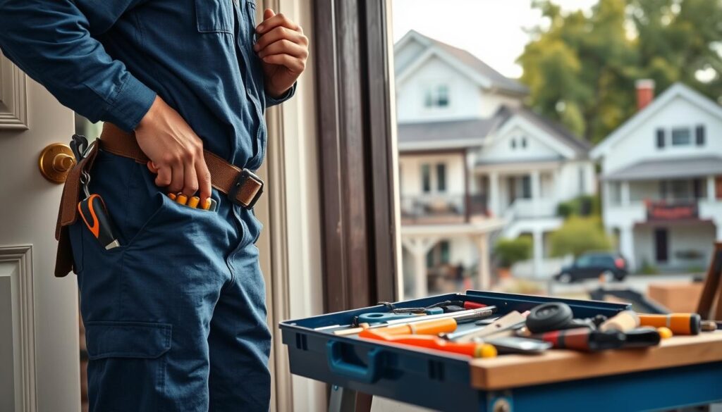 A professional handyman named Irene, dressed in a smart blue uniform with tools in a belt, is in the foreground, attentively repairing a residential door. In the middle, a neatly organized toolbox rests on a workbench surrounded by various tools, highlighting both home and commercial maintenance tasks. In the background, a well-maintained home and a small commercial property are visible, emphasizing the range of services offered. Soft, natural daylight pours in from a nearby window, creating a warm and inviting atmosphere. The scene is captured with a slight depth of field, focusing on Irving’s skilled hands, projecting a sense of reliability and professionalism in home and property maintenance. A professional handyman named Irene, dressed in a smart blue uniform with tools in a belt, is in the foreground, attentively repairing a residential door. In the middle, a neatly organized toolbox rests on a workbench surrounded by various tools, highlighting both home and commercial maintenance tasks. In the background, a well-maintained home and a small commercial property are visible, emphasizing the range of services offered. Soft, natural daylight pours in from a nearby window, creating a warm and inviting atmosphere. The scene is captured with a slight depth of field, focusing on Irving’s skilled hands, projecting a sense of reliability and professionalism in home and property maintenance.