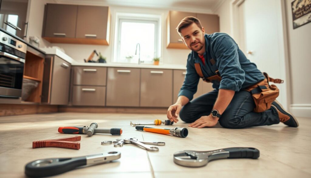 A professional handyman performing plumbing repairs in a modern home setting. In the foreground, a focused male technician in a blue shirt and tool belt is kneeling on a clean, tiled floor, examining a kitchen sink with open cabinetry, tools scattered nearby. The middle ground features a variety of plumbing tools, including a wrench and a pipe cutter, arranged neatly. In the background, a bright, well-lit kitchen with sleek cabinets and a window allowing natural light to stream in, conveying a sense of cleanliness and order. The overall atmosphere is industrious yet calm, with warm lighting to evoke a sense of comfort and reliability in home repair services. Shot at eye level to create an intimate connection with the viewer. A professional handyman performing plumbing repairs in a modern home setting. In the foreground, a focused male technician in a blue shirt and tool belt is kneeling on a clean, tiled floor, examining a kitchen sink with open cabinetry, tools scattered nearby. The middle ground features a variety of plumbing tools, including a wrench and a pipe cutter, arranged neatly. In the background, a bright, well-lit kitchen with sleek cabinets and a window allowing natural light to stream in, conveying a sense of cleanliness and order. The overall atmosphere is industrious yet calm, with warm lighting to evoke a sense of comfort and reliability in home repair services. Shot at eye level to create an intimate connection with the viewer.