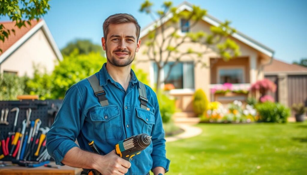 A professional handyman standing confidently in the foreground, wearing a blue work shirt and tool belt, holding a power drill. Behind him, an array of tools is neatly organized on a workbench, showcasing a variety of equipment like hammers, screwdrivers, and pliers. In the middle ground, a cozy suburban home is partially visible, with lush green lawns and colorful flowers adding a welcoming touch. The background features a clear blue sky, suggesting a sunny day in Mondeor, Johannesburg South. Soft, natural lighting highlights the handyman’s focused expression, evoking a sense of trust and professionalism. The overall mood is one of reliability and local service expertise, appealing to residents seeking handyman assistance. A professional handyman standing confidently in the foreground, wearing a blue work shirt and tool belt, holding a power drill. Behind him, an array of tools is neatly organized on a workbench, showcasing a variety of equipment like hammers, screwdrivers, and pliers. In the middle ground, a cozy suburban home is partially visible, with lush green lawns and colorful flowers adding a welcoming touch. The background features a clear blue sky, suggesting a sunny day in Mondeor, Johannesburg South. Soft, natural lighting highlights the handyman’s focused expression, evoking a sense of trust and professionalism. The overall mood is one of reliability and local service expertise, appealing to residents seeking handyman assistance.