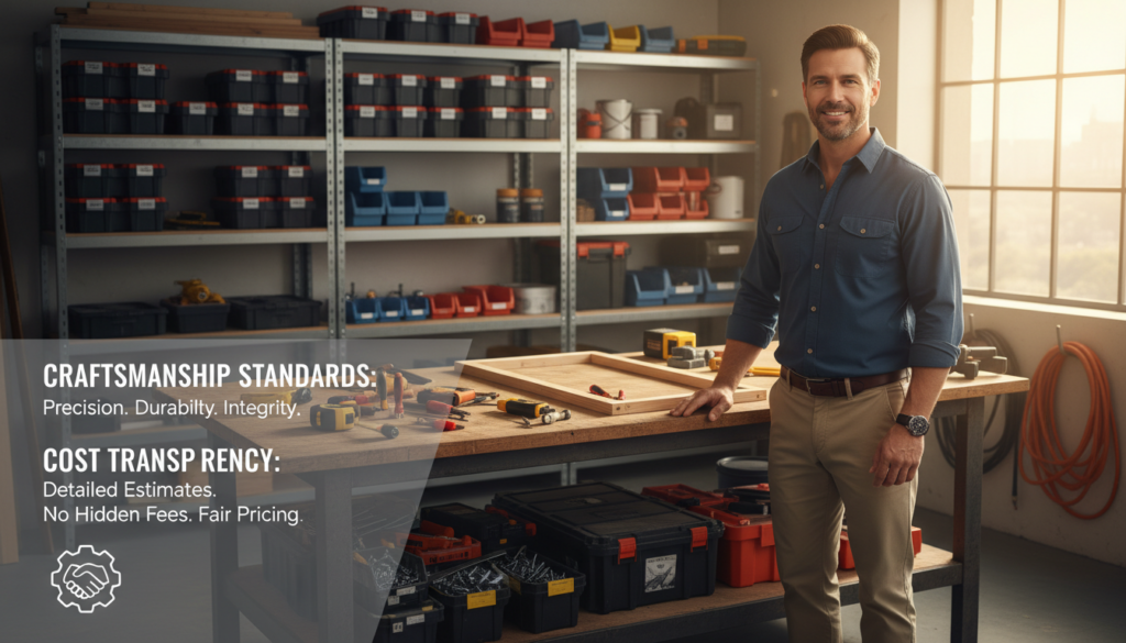 A professional handyman standing in a well-lit, tidy workshop surrounded by tools and materials. In the foreground, a large, semi-transparent quote overlay displaying craftsmanship standards and cost transparency is artistically integrated into the scene. The middle ground features a wooden workbench cluttered with tools, such as a tape measure, hammer, and various fasteners, hinting at maintenance activities. In the background, shelves filled with neatly organized toolboxes and maintenance supplies enhance the depth of the image. The lighting is warm and inviting, evoking a sense of reliability and professionalism. The overall atmosphere should convey trustworthiness and competence in handyman services, ideal for embodying workmanship standards and transparent pricing. A professional handyman standing in a well-lit, tidy workshop surrounded by tools and materials. In the foreground, a large, semi-transparent quote overlay displaying craftsmanship standards and cost transparency is artistically integrated into the scene. The middle ground features a wooden workbench cluttered with tools, such as a tape measure, hammer, and various fasteners, hinting at maintenance activities. In the background, shelves filled with neatly organized toolboxes and maintenance supplies enhance the depth of the image. The lighting is warm and inviting, evoking a sense of reliability and professionalism. The overall atmosphere should convey trustworthiness and competence in handyman services, ideal for embodying workmanship standards and transparent pricing.