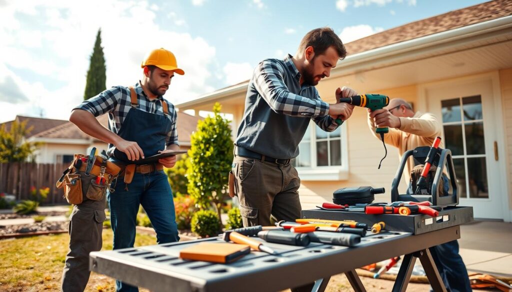 A professional handyman team actively engaged in a variety of maintenance tasks, set in a suburban outdoor environment. In the foreground, two skilled and neatly dressed handymen, one with a tool belt and the other holding a power drill, are collaborating on a home repair project. In the middle ground, you can see a well-maintained house with freshly painted walls and a small garden, symbolizing quality services. The background features tools and equipment arranged neatly on a portable workbench, with a bright blue sky and soft clouds providing a cheerful atmosphere. The lighting is warm and natural, emphasizing professionalism and expertise, shot from a slightly low angle to enhance the team's focus on their tasks. A professional handyman team actively engaged in a variety of maintenance tasks, set in a suburban outdoor environment. In the foreground, two skilled and neatly dressed handymen, one with a tool belt and the other holding a power drill, are collaborating on a home repair project. In the middle ground, you can see a well-maintained house with freshly painted walls and a small garden, symbolizing quality services. The background features tools and equipment arranged neatly on a portable workbench, with a bright blue sky and soft clouds providing a cheerful atmosphere. The lighting is warm and natural, emphasizing professionalism and expertise, shot from a slightly low angle to enhance the team's focus on their tasks.