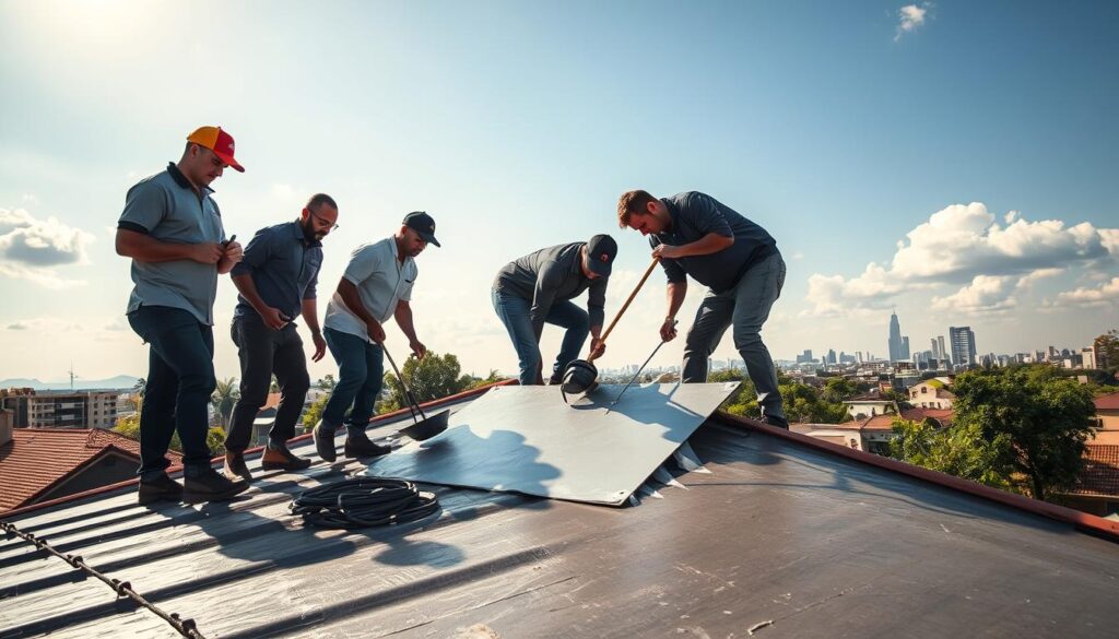 A professional handyman team applies waterproofing treatment to a residential roof under the Johannesburg sun. In the foreground, a diverse group of skilled workers in smart casual attire is carefully applying a waterproof membrane to the roof, showcasing their expertise. The middle ground features a partially completed roof adorned with dripping waterproofing material, emphasizing the ongoing work. In the background, the vibrant Johannesburg skyline and characteristic weather patterns can be seen, with a few clouds threatening rain, highlighting the importance of effective waterproofing. The lighting is bright and clear, capturing the afternoon sun’s glow to reflect the urgency and need for proactive roof maintenance. The atmosphere is focused and industrious, illustrating the crucial role of waterproofing in protecting homes from the city's variable weather. A professional handyman team applies waterproofing treatment to a residential roof under the Johannesburg sun. In the foreground, a diverse group of skilled workers in smart casual attire is carefully applying a waterproof membrane to the roof, showcasing their expertise. The middle ground features a partially completed roof adorned with dripping waterproofing material, emphasizing the ongoing work. In the background, the vibrant Johannesburg skyline and characteristic weather patterns can be seen, with a few clouds threatening rain, highlighting the importance of effective waterproofing. The lighting is bright and clear, capturing the afternoon sun’s glow to reflect the urgency and need for proactive roof maintenance. The atmosphere is focused and industrious, illustrating the crucial role of waterproofing in protecting homes from the city's variable weather.