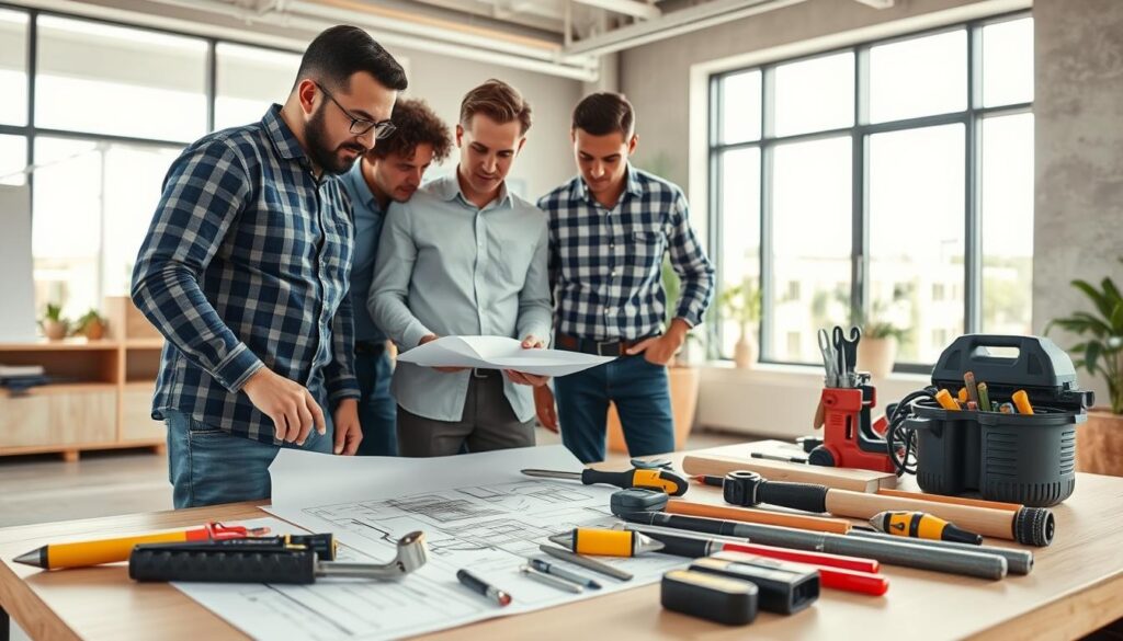 A professional handyman team at work in a well-lit, modern office setting that reflects quality maintenance services. In the foreground, a diverse group of four maintenance professionals, dressed in smart business casual attire, discuss plans over a detailed project blueprint. The middle ground features high-quality tools and equipment neatly organized on a workbench, showcasing the tools of the trade with a focus on reliability and expertise. In the background, a large window allows natural light to flood in, casting a warm and inviting glow over the scene. The mood is collaborative and proactive, emphasizing trust and professionalism in property maintenance services. The angle is slightly elevated, providing a comprehensive view of the team engaged in their work. A professional handyman team at work in a well-lit, modern office setting that reflects quality maintenance services. In the foreground, a diverse group of four maintenance professionals, dressed in smart business casual attire, discuss plans over a detailed project blueprint. The middle ground features high-quality tools and equipment neatly organized on a workbench, showcasing the tools of the trade with a focus on reliability and expertise. In the background, a large window allows natural light to flood in, casting a warm and inviting glow over the scene. The mood is collaborative and proactive, emphasizing trust and professionalism in property maintenance services. The angle is slightly elevated, providing a comprehensive view of the team engaged in their work.