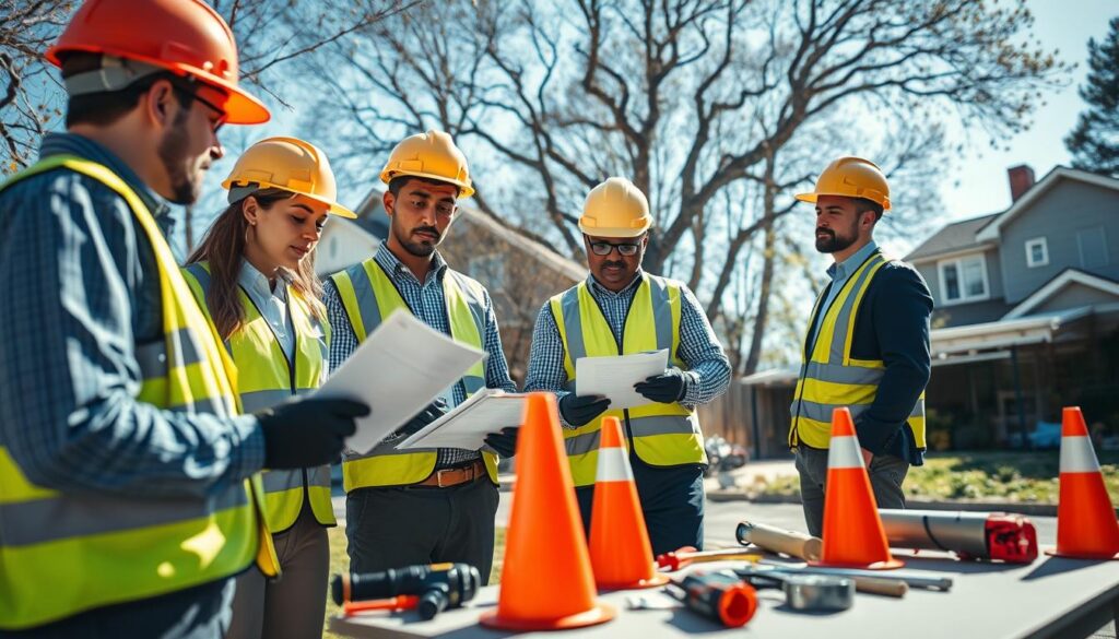 A professional handyman team conducting safety procedures at a maintenance site. In the foreground, a diverse group of three individuals, dressed in branded work attire—hard hats, safety vests, and gloves—are engaged in a safety briefing, examining safety checklists and tools. The middle ground features a well-organized workspace with tools neatly arranged on a table and safety cones in place. The background showcases a residential property being maintained, with clear blue skies and sunshine filtering through trees, creating a sense of a productive day. The atmosphere is professional and focused, emphasizing teamwork and safety compliance. Shot with a slight depth of field to keep the team in sharp focus while softening the background, enhancing the overall mood of diligence and care. A professional handyman team conducting safety procedures at a maintenance site. In the foreground, a diverse group of three individuals, dressed in branded work attire—hard hats, safety vests, and gloves—are engaged in a safety briefing, examining safety checklists and tools. The middle ground features a well-organized workspace with tools neatly arranged on a table and safety cones in place. The background showcases a residential property being maintained, with clear blue skies and sunshine filtering through trees, creating a sense of a productive day. The atmosphere is professional and focused, emphasizing teamwork and safety compliance. Shot with a slight depth of field to keep the team in sharp focus while softening the background, enhancing the overall mood of diligence and care.