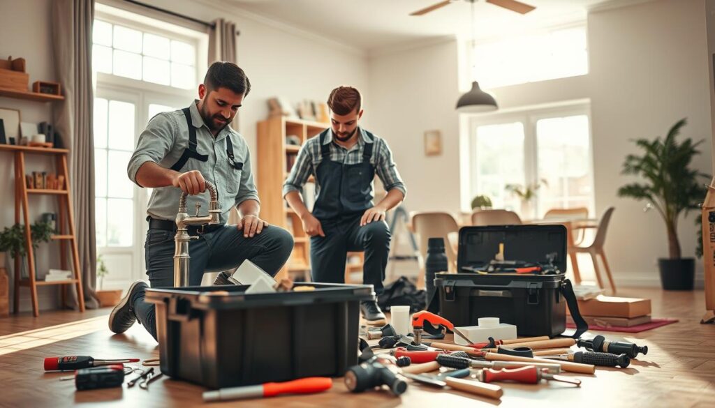 A professional handyman team in Vereeniging actively at work on various repair tasks in a residential setting. In the foreground, two skilled technicians in modest, smart casual attire—one is repairing a faucet while the other is painting a wall. The middle ground features a well-organized toolbox and tools scattered about, emphasizing the efficiency and readiness of the team. In the background, a cozy home environment showcases an open floor plan with light streaming through large windows, casting a warm glow across the room. The atmosphere is vibrant and industrious, capturing the essence of everyday handyman services. Use natural lighting to create an inviting feel, with a slightly shallow depth of field focusing on the team's actions. A professional handyman team in Vereeniging actively at work on various repair tasks in a residential setting. In the foreground, two skilled technicians in modest, smart casual attire—one is repairing a faucet while the other is painting a wall. The middle ground features a well-organized toolbox and tools scattered about, emphasizing the efficiency and readiness of the team. In the background, a cozy home environment showcases an open floor plan with light streaming through large windows, casting a warm glow across the room. The atmosphere is vibrant and industrious, capturing the essence of everyday handyman services. Use natural lighting to create an inviting feel, with a slightly shallow depth of field focusing on the team's actions.