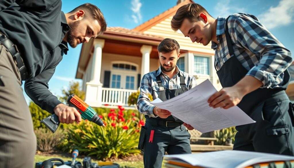 A professional handyman team in action, focused on general maintenance tasks in a residential setting. In the foreground, two technicians in smart casual attire are working together, one using a power drill, while the other inspects a maintenance checklist. Tools and materials are organized neatly nearby. In the middle, a well-maintained home showcases a vibrant garden and fresh paintwork on the façade, symbolizing reliability and care. In the background, a clear blue sky and soft sunlight create a warm, welcoming atmosphere. The scene is shot from a slightly low angle, emphasizing the hardworking team against the beautiful, inviting home. The overall mood conveys professionalism, trust, and attention to detail. A professional handyman team in action, focused on general maintenance tasks in a residential setting. In the foreground, two technicians in smart casual attire are working together, one using a power drill, while the other inspects a maintenance checklist. Tools and materials are organized neatly nearby. In the middle, a well-maintained home showcases a vibrant garden and fresh paintwork on the façade, symbolizing reliability and care. In the background, a clear blue sky and soft sunlight create a warm, welcoming atmosphere. The scene is shot from a slightly low angle, emphasizing the hardworking team against the beautiful, inviting home. The overall mood conveys professionalism, trust, and attention to detail.
