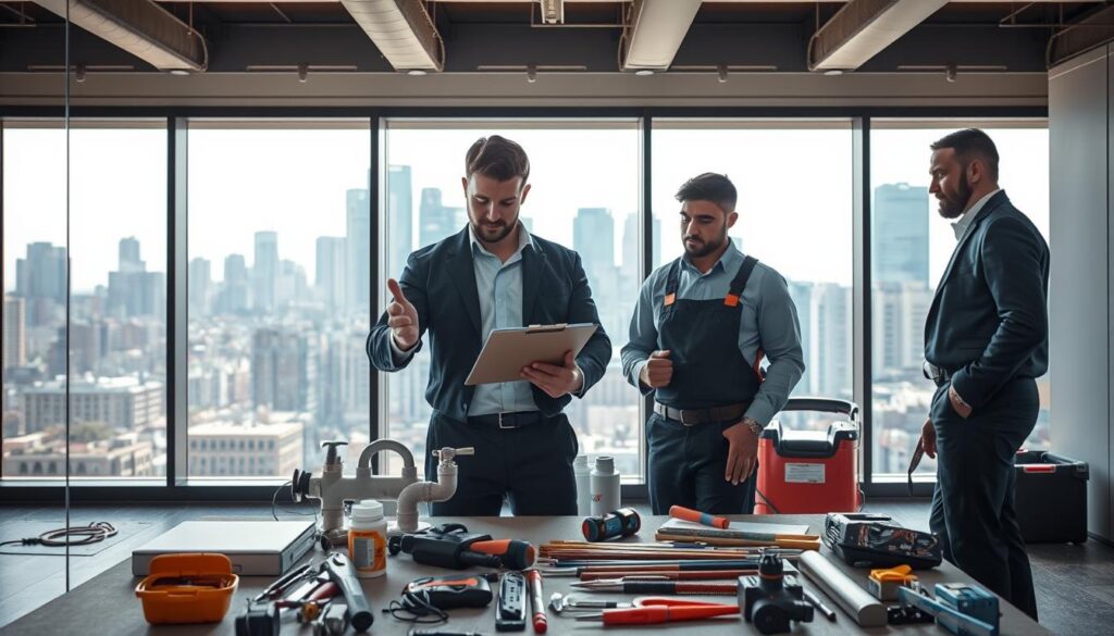 A professional handyman team in modern business attire conducting a meticulous maintenance process in a bustling Johannesburg building. In the foreground, focus on two technicians inspecting plumbing with a clipboard and tools, showcasing teamwork and communication. In the middle, include a variety of maintenance tasks like electrical repairs and painting, with tools laid out systematically. The background features Johannesburg's urban skyline, hinting at the vibrant CBD atmosphere. Bright, natural lighting filters through large windows, creating a productive ambiance. Capture the scene from a slightly elevated angle to provide depth, emphasizing organization and professionalism, conveying a mood of efficiency and care in property maintenance. Ensure no distractions or text are present in the image. A professional handyman team in modern business attire conducting a meticulous maintenance process in a bustling Johannesburg building. In the foreground, focus on two technicians inspecting plumbing with a clipboard and tools, showcasing teamwork and communication. In the middle, include a variety of maintenance tasks like electrical repairs and painting, with tools laid out systematically. The background features Johannesburg's urban skyline, hinting at the vibrant CBD atmosphere. Bright, natural lighting filters through large windows, creating a productive ambiance. Capture the scene from a slightly elevated angle to provide depth, emphasizing organization and professionalism, conveying a mood of efficiency and care in property maintenance. Ensure no distractions or text are present in the image.