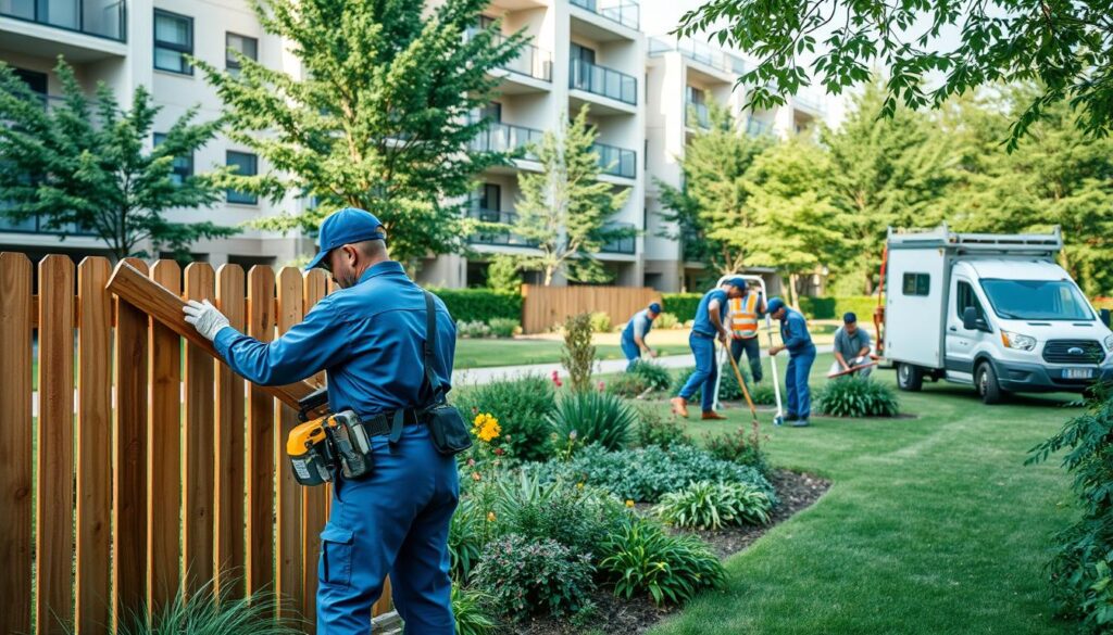 A professional handyman team performing common-area maintenance in a residential complex, situated in a well-kept green space. In the foreground, two technicians in matching blue uniforms use tools to repair a wooden fence, showcasing teamwork and diligence. In the middle ground, additional workers inspect plants and flowers, maintaining the landscape, while a maintenance vehicle is parked nearby. The background features several modern apartment buildings with balconies surrounded by trees, creating a serene atmosphere. Soft, natural lighting reflects a clear day, enhancing the vibrant colors of the greenery. The overall mood is one of professionalism and community care, emphasizing the importance of maintenance in enhancing living environments. A professional handyman team performing common-area maintenance in a residential complex, situated in a well-kept green space. In the foreground, two technicians in matching blue uniforms use tools to repair a wooden fence, showcasing teamwork and diligence. In the middle ground, additional workers inspect plants and flowers, maintaining the landscape, while a maintenance vehicle is parked nearby. The background features several modern apartment buildings with balconies surrounded by trees, creating a serene atmosphere. Soft, natural lighting reflects a clear day, enhancing the vibrant colors of the greenery. The overall mood is one of professionalism and community care, emphasizing the importance of maintenance in enhancing living environments.