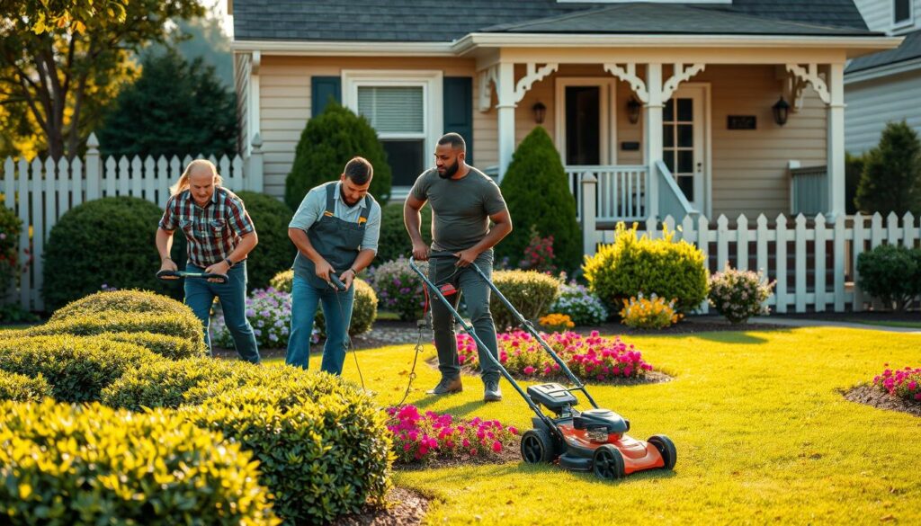 A professional handyman team performing outdoor maintenance in a well-kept residential garden. In the foreground, a diverse group of three team members, dressed in smart casual clothing, is carefully trimming hedges and mowing the lawn, showcasing teamwork and efficiency. In the middle ground, vibrant flower beds and neatly arranged shrubs create a colorful, inviting atmosphere, with tools like pruners and lawnmowers strategically placed nearby. The background features a charming suburban home with a freshly painted fence and an inviting porch. The warm afternoon sunlight casts gentle shadows, enhancing the scene's tranquility and productivity. The angle is slightly elevated, providing a comprehensive view of the maintenance activities in progress, evoking a sense of care and professionalism in property upkeep. A professional handyman team performing outdoor maintenance in a well-kept residential garden. In the foreground, a diverse group of three team members, dressed in smart casual clothing, is carefully trimming hedges and mowing the lawn, showcasing teamwork and efficiency. In the middle ground, vibrant flower beds and neatly arranged shrubs create a colorful, inviting atmosphere, with tools like pruners and lawnmowers strategically placed nearby. The background features a charming suburban home with a freshly painted fence and an inviting porch. The warm afternoon sunlight casts gentle shadows, enhancing the scene's tranquility and productivity. The angle is slightly elevated, providing a comprehensive view of the maintenance activities in progress, evoking a sense of care and professionalism in property upkeep.