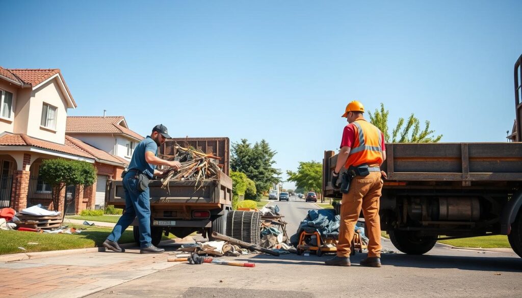 A professional handyman team performing waste removal in a residential area of Wapadrand, Pretoria East. In the foreground, two skilled technicians in professional attire are efficiently loading debris into a truck, showcasing teamwork and diligence. The middle-ground features an organized work area with various tools and waste materials, emphasizing the maintenance aspect. For the background, depict a clean suburban neighborhood with well-kept houses and green trees, under a clear blue sky. Utilize natural lighting to create a bright and inviting atmosphere. The image should be captured from a slightly elevated angle to provide a comprehensive view of the scene, reflecting diligence and community service in home repair and maintenance efforts. A professional handyman team performing waste removal in a residential area of Wapadrand, Pretoria East. In the foreground, two skilled technicians in professional attire are efficiently loading debris into a truck, showcasing teamwork and diligence. The middle-ground features an organized work area with various tools and waste materials, emphasizing the maintenance aspect. For the background, depict a clean suburban neighborhood with well-kept houses and green trees, under a clear blue sky. Utilize natural lighting to create a bright and inviting atmosphere. The image should be captured from a slightly elevated angle to provide a comprehensive view of the scene, reflecting diligence and community service in home repair and maintenance efforts.