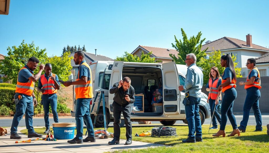 A professional handyman team working diligently on home maintenance in Heidelberg, Gauteng. In the foreground, a diverse group of handymen and women, dressed in smart work uniforms, is collaborating on various tasks. One is repairing a door, while another inspects plumbing with tools in hand. In the middle ground, a well-organized tool van is parked, showcasing an array of equipment and materials for maintenance tasks. The background features a suburban neighborhood with lush greenery and typical Gauteng architecture, under a clear blue sky. The scene is illuminated by soft, natural daylight, creating a welcoming and industrious atmosphere. The composition is captured from a slightly elevated angle to encompass both human activity and the surrounding environment. A professional handyman team working diligently on home maintenance in Heidelberg, Gauteng. In the foreground, a diverse group of handymen and women, dressed in smart work uniforms, is collaborating on various tasks. One is repairing a door, while another inspects plumbing with tools in hand. In the middle ground, a well-organized tool van is parked, showcasing an array of equipment and materials for maintenance tasks. The background features a suburban neighborhood with lush greenery and typical Gauteng architecture, under a clear blue sky. The scene is illuminated by soft, natural daylight, creating a welcoming and industrious atmosphere. The composition is captured from a slightly elevated angle to encompass both human activity and the surrounding environment.