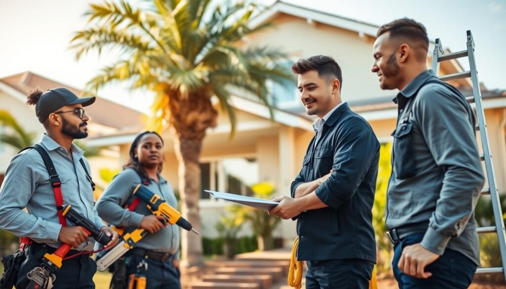 A professional handyman team working in a suburban setting in Irene and greater Centurion, South Africa. In the foreground, a diverse group of three skilled technicians, dressed in smart business attire and carrying tools such as a drill, wrench, and ladder, discusses a maintenance project. The middle ground features a cozy residential home with a well-maintained garden, showcasing typical Centurion architecture. In the background, palm trees and a bright blue sky contribute to a sunny, inviting atmosphere. Soft natural lighting highlights the professionals' focus and teamwork, giving a sense of reliability and community. The scene conveys a warm, friendly mood, emphasizing local expertise and dedication to quality maintenance services. A professional handyman team working in a suburban setting in Irene and greater Centurion, South Africa. In the foreground, a diverse group of three skilled technicians, dressed in smart business attire and carrying tools such as a drill, wrench, and ladder, discusses a maintenance project. The middle ground features a cozy residential home with a well-maintained garden, showcasing typical Centurion architecture. In the background, palm trees and a bright blue sky contribute to a sunny, inviting atmosphere. Soft natural lighting highlights the professionals' focus and teamwork, giving a sense of reliability and community. The scene conveys a warm, friendly mood, emphasizing local expertise and dedication to quality maintenance services.