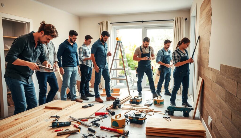 A professional handyman team working on both interior and exterior projects, showcasing various tools and materials. In the foreground, a diverse group of individuals in smart casual attire is collaborating; one person is sanding a wooden surface, while another is installing tiles. The middle ground features a well-organized workspace with neatly arranged tools, a ladder, and a partially painted wall, emphasizing a sense of order and professionalism. In the background, a serene home environment is visible, with lush greenery outside, hinting at ongoing outdoor improvements. The lighting is warm and inviting, capturing the hustle of a productive day, with soft shadows that enhance the depth and detail. The camera angle is slightly elevated, providing a comprehensive view of the teamwork in action. A professional handyman team working on both interior and exterior projects, showcasing various tools and materials. In the foreground, a diverse group of individuals in smart casual attire is collaborating; one person is sanding a wooden surface, while another is installing tiles. The middle ground features a well-organized workspace with neatly arranged tools, a ladder, and a partially painted wall, emphasizing a sense of order and professionalism. In the background, a serene home environment is visible, with lush greenery outside, hinting at ongoing outdoor improvements. The lighting is warm and inviting, capturing the hustle of a productive day, with soft shadows that enhance the depth and detail. The camera angle is slightly elevated, providing a comprehensive view of the teamwork in action.