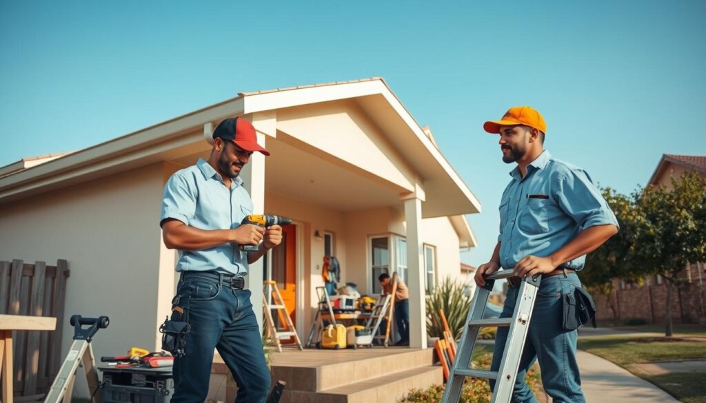 A professional handyman team working on same-day small jobs in a suburban setting of Midrand. In the foreground, two skilled tradespeople dressed in neat, modest casual clothing are engaged in a small project, using tools such as a drill and a ladder. The middle ground features a well-maintained house porch where various tools and materials are neatly organized, showcasing a blend of planned projects and immediate repairs. In the background, a clear blue sky enhances the cheerful atmosphere, with a few trees lining the street, providing a welcoming environment. Soft, natural daylight bathes the scene, creating a warm and inviting mood. The image captures a sense of professionalism, efficiency, and community service, ideal for illustrating handyman services. A professional handyman team working on same-day small jobs in a suburban setting of Midrand. In the foreground, two skilled tradespeople dressed in neat, modest casual clothing are engaged in a small project, using tools such as a drill and a ladder. The middle ground features a well-maintained house porch where various tools and materials are neatly organized, showcasing a blend of planned projects and immediate repairs. In the background, a clear blue sky enhances the cheerful atmosphere, with a few trees lining the street, providing a welcoming environment. Soft, natural daylight bathes the scene, creating a warm and inviting mood. The image captures a sense of professionalism, efficiency, and community service, ideal for illustrating handyman services.