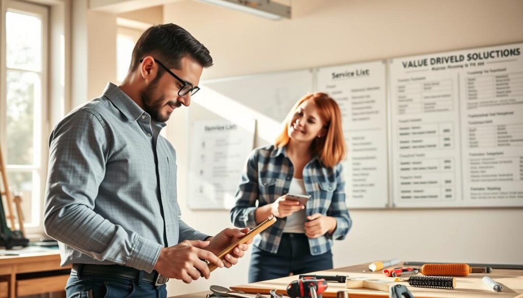 A professional handyman team working together in a bright, organized home workshop, showcasing transparent pricing policies through clear, labeled charts and service lists on a whiteboard in the background. In the foreground, a skilled handyman in smart casual attire examines tools with a focused expression, while a woman client looks on, engaged and appreciative, both exemplifying a collaborative atmosphere. Warm, natural sunlight streams through large windows, illuminating the space and creating a welcoming mood. Tools are neatly arranged on a workbench, and graphical representations of pricing flowcharts subtly blend into the background, emphasizing value-driven solutions without clutter. The image is captured at eye-level, enhancing connection with the viewer while maintaining professionalism. A professional handyman team working together in a bright, organized home workshop, showcasing transparent pricing policies through clear, labeled charts and service lists on a whiteboard in the background. In the foreground, a skilled handyman in smart casual attire examines tools with a focused expression, while a woman client looks on, engaged and appreciative, both exemplifying a collaborative atmosphere. Warm, natural sunlight streams through large windows, illuminating the space and creating a welcoming mood. Tools are neatly arranged on a workbench, and graphical representations of pricing flowcharts subtly blend into the background, emphasizing value-driven solutions without clutter. The image is captured at eye-level, enhancing connection with the viewer while maintaining professionalism.