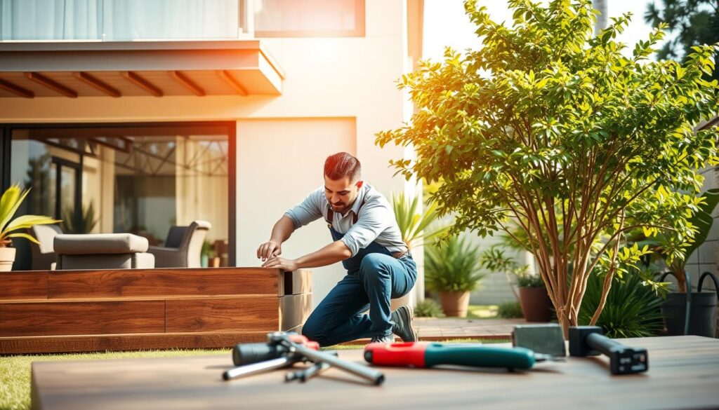 A professional handyman working diligently in a modern, upscale Sandton residential setting. In the foreground, a skilled handyman, dressed in professional work attire, is repairing a wooden deck, showcasing quality service and craftsmanship. In the middle ground, tools are neatly organized on a nearby table, reflecting an atmosphere of efficiency and readiness. The background features a contemporary home with large windows and lush greenery, evoking a serene, luxurious vibe typical of Sandton. Natural sunlight filters through, casting warm, inviting shadows across the scene. The overall mood conveys reliability and professionalism, highlighting the dedication to quality maintenance services. A professional handyman working diligently in a modern, upscale Sandton residential setting. In the foreground, a skilled handyman, dressed in professional work attire, is repairing a wooden deck, showcasing quality service and craftsmanship. In the middle ground, tools are neatly organized on a nearby table, reflecting an atmosphere of efficiency and readiness. The background features a contemporary home with large windows and lush greenery, evoking a serene, luxurious vibe typical of Sandton. Natural sunlight filters through, casting warm, inviting shadows across the scene. The overall mood conveys reliability and professionalism, highlighting the dedication to quality maintenance services.