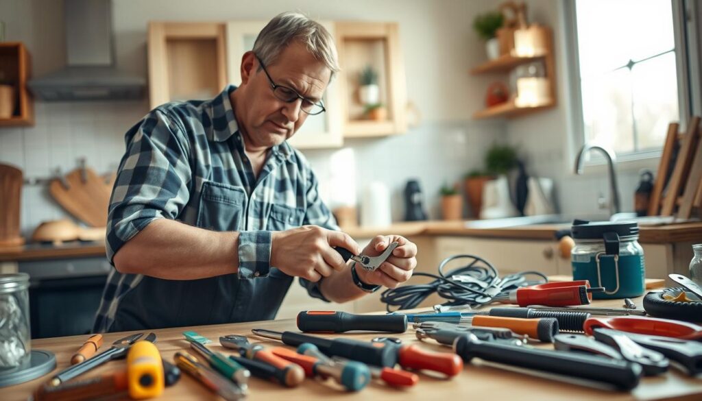 A professional handyman working diligently in a well-lit, inviting home environment, surrounded by tools and materials for plumbing and electrical repairs. In the foreground, focus on the handyman, a middle-aged man in modest casual clothing, using a wrench to fix a pipe under the sink. In the middle ground, display various tools like screwdrivers, pliers, and cable connectors neatly arranged on a workbench. The background features a cozy kitchen with natural light streaming in from a window, emphasizing a home atmosphere. The scene should convey a sense of reliability and skill, with soft, warm lighting creating a welcoming, approachable mood. A professional handyman working diligently in a well-lit, inviting home environment, surrounded by tools and materials for plumbing and electrical repairs. In the foreground, focus on the handyman, a middle-aged man in modest casual clothing, using a wrench to fix a pipe under the sink. In the middle ground, display various tools like screwdrivers, pliers, and cable connectors neatly arranged on a workbench. The background features a cozy kitchen with natural light streaming in from a window, emphasizing a home atmosphere. The scene should convey a sense of reliability and skill, with soft, warm lighting creating a welcoming, approachable mood.