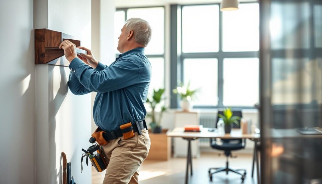 A professional handyman working diligently inside a well-lit, modern office space, framed in the foreground. The handyman, a middle-aged man in a blue work shirt and khaki pants, is repairing a wall-mounted shelf, with a tool belt and a variety of tools beside him. In the middle ground, a clean and organized office environment showcases a desk with stationery and a small potted plant, hinting at a cozy yet functional ambiance. The background features large windows with natural light pouring in, casting soft shadows that create a warm atmosphere. The image captures a sense of professionalism and reliability, emphasizing the handyman's expertise in maintaining both residential and commercial spaces. The lens perspective is slightly angled to give depth, enhancing the inviting feel of the scene. A professional handyman working diligently inside a well-lit, modern office space, framed in the foreground. The handyman, a middle-aged man in a blue work shirt and khaki pants, is repairing a wall-mounted shelf, with a tool belt and a variety of tools beside him. In the middle ground, a clean and organized office environment showcases a desk with stationery and a small potted plant, hinting at a cozy yet functional ambiance. The background features large windows with natural light pouring in, casting soft shadows that create a warm atmosphere. The image captures a sense of professionalism and reliability, emphasizing the handyman's expertise in maintaining both residential and commercial spaces. The lens perspective is slightly angled to give depth, enhancing the inviting feel of the scene.