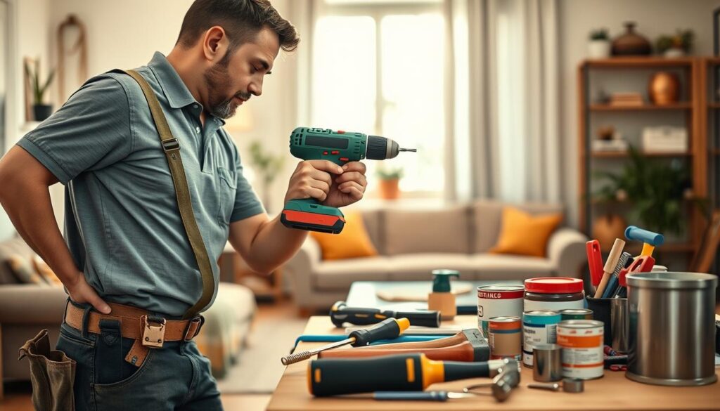 A professional handyman working diligently on home maintenance, positioned in the foreground, wearing a tool belt and a smart, modest polo shirt. He is using a power drill to fix an electrical fixture, showcasing skilled craftsmanship. In the middle ground, various tools like a hammer, screwdriver, and paint cans are organized neatly on a workbench, reflecting efficiency and order. The background features a cozy, well-maintained living room with subtle warm lighting filtering through a window, enhancing the welcoming atmosphere. The scene is captured with a shallow depth of field, focusing on the handyman’s actions while softly blurring the background, conveying a sense of dedication and professionalism in maintenance services provided for homes and small businesses. A professional handyman working diligently on home maintenance, positioned in the foreground, wearing a tool belt and a smart, modest polo shirt. He is using a power drill to fix an electrical fixture, showcasing skilled craftsmanship. In the middle ground, various tools like a hammer, screwdriver, and paint cans are organized neatly on a workbench, reflecting efficiency and order. The background features a cozy, well-maintained living room with subtle warm lighting filtering through a window, enhancing the welcoming atmosphere. The scene is captured with a shallow depth of field, focusing on the handyman’s actions while softly blurring the background, conveying a sense of dedication and professionalism in maintenance services provided for homes and small businesses.