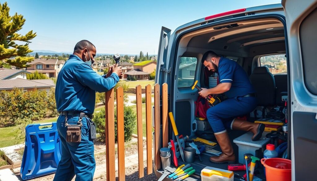 A professional handyman working in a suburban neighborhood in Wierda Park, Centurion. In the foreground, the handyman, dressed in a smart blue uniform and safety boots, is fixing a fence, using tools like a hammer and screwdriver. The middle ground features a mobile maintenance unit, a compact van with the logo of handyman services prominently displayed, parked on the street. Surrounding the van, various home improvement tools and supplies are neatly organized. The background captures a picturesque view of Wierda Park with greenery, residential homes, and a clear blue sky, showcasing a sunny day. The lighting is bright and natural, enhancing the community vibe and professionalism of the handyman services. The overall atmosphere conveys reliability and local support. A professional handyman working in a suburban neighborhood in Wierda Park, Centurion. In the foreground, the handyman, dressed in a smart blue uniform and safety boots, is fixing a fence, using tools like a hammer and screwdriver. The middle ground features a mobile maintenance unit, a compact van with the logo of handyman services prominently displayed, parked on the street. Surrounding the van, various home improvement tools and supplies are neatly organized. The background captures a picturesque view of Wierda Park with greenery, residential homes, and a clear blue sky, showcasing a sunny day. The lighting is bright and natural, enhancing the community vibe and professionalism of the handyman services. The overall atmosphere conveys reliability and local support.