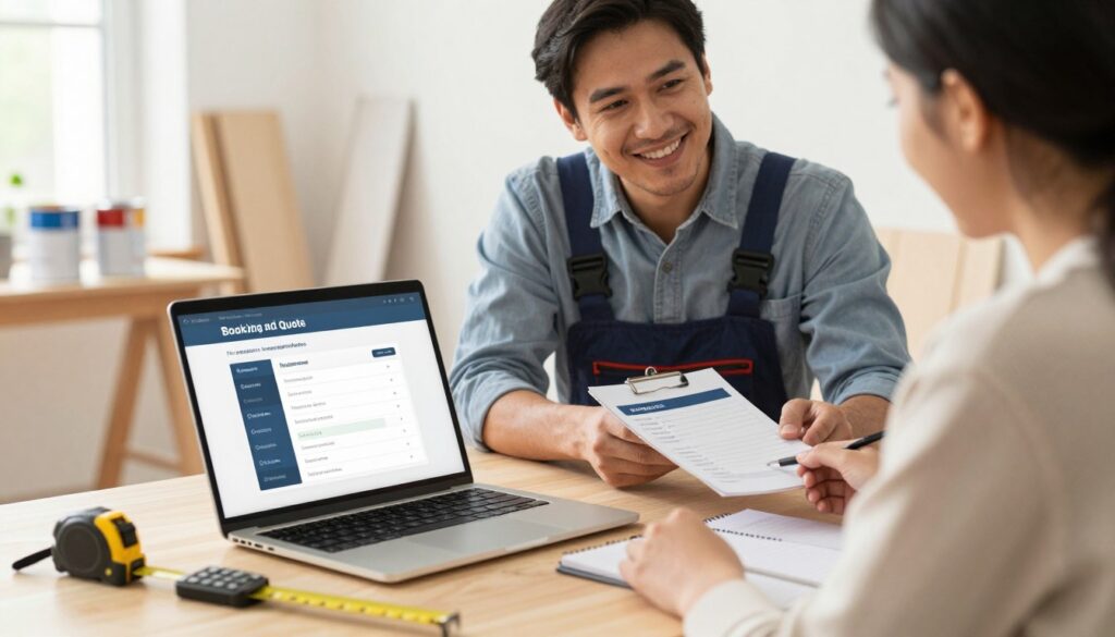 A professional handyman workspace illustrating the booking and quote process. In the foreground, a well-organized desk with a laptop showing a digital booking interface, surrounded by tools like a tape measure, calculator, and notepad. In the middle, a friendly handyman in modest casual attire interacting with a customer, discussing project details, with a clear visual representation of a quote being prepared. The background features a bright and airy home setting with subtle hints of DIY projects, such as paint cans and wood pieces, creating an inviting atmosphere. The lighting is warm and natural, suggesting midday, shot from a slightly elevated angle to capture the collaborative interaction, conveying a sense of professionalism and approachability. A professional handyman workspace illustrating the booking and quote process. In the foreground, a well-organized desk with a laptop showing a digital booking interface, surrounded by tools like a tape measure, calculator, and notepad. In the middle, a friendly handyman in modest casual attire interacting with a customer, discussing project details, with a clear visual representation of a quote being prepared. The background features a bright and airy home setting with subtle hints of DIY projects, such as paint cans and wood pieces, creating an inviting atmosphere. The lighting is warm and natural, suggesting midday, shot from a slightly elevated angle to capture the collaborative interaction, conveying a sense of professionalism and approachability.