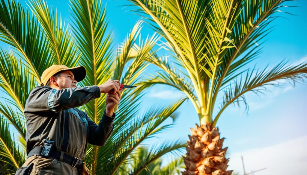 A professional landscaper, dressed in practical work attire, carefully trims the fronds of a tall palm tree in a sunny Pretoria garden. In the foreground, the landscaper holds pruning shears and is focused on precise cuts to promote healthy growth. The middle ground features lush, vibrant green fronds showcasing various stages of trimming, emphasizing the importance of maintaining a balanced shape without over-pruning. The background displays a clear blue sky with soft, diffused sunlight illuminating the scene, casting gentle shadows on the palm's trunk and surrounding plants. The atmosphere is serene and dedicated, highlighting the meticulous care involved in palm tree maintenance. A professional landscaper, dressed in practical work attire, carefully trims the fronds of a tall palm tree in a sunny Pretoria garden. In the foreground, the landscaper holds pruning shears and is focused on precise cuts to promote healthy growth. The middle ground features lush, vibrant green fronds showcasing various stages of trimming, emphasizing the importance of maintaining a balanced shape without over-pruning. The background displays a clear blue sky with soft, diffused sunlight illuminating the scene, casting gentle shadows on the palm's trunk and surrounding plants. The atmosphere is serene and dedicated, highlighting the meticulous care involved in palm tree maintenance.