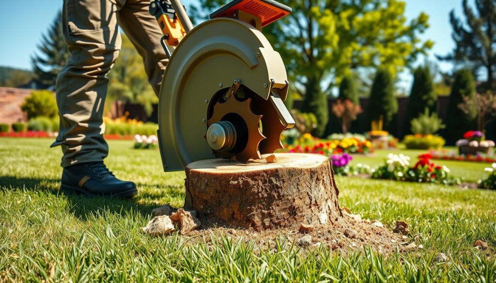 A professional landscaper in sturdy work boots efficiently operates a stump grinder in a bright, sunny garden. In the foreground, the grinder’s sharp blades are embedded in a freshly cut wooden stump, with wood chips and debris scattering around it. In the middle ground, rich green grass and neatly arranged flowerbeds create a vibrant contrast to the earthy tones of the stump. To the background, tall trees and a clear blue sky enhance the outdoor scene, giving a sense of spaciousness and natural beauty. The lighting is warm and inviting, casting soft shadows that highlight the details of the equipment and surroundings. The atmosphere is dynamic and industrious, showcasing the transformation of the garden space through professional stump grinding services. A professional landscaper in sturdy work boots efficiently operates a stump grinder in a bright, sunny garden. In the foreground, the grinder’s sharp blades are embedded in a freshly cut wooden stump, with wood chips and debris scattering around it. In the middle ground, rich green grass and neatly arranged flowerbeds create a vibrant contrast to the earthy tones of the stump. To the background, tall trees and a clear blue sky enhance the outdoor scene, giving a sense of spaciousness and natural beauty. The lighting is warm and inviting, casting soft shadows that highlight the details of the equipment and surroundings. The atmosphere is dynamic and industrious, showcasing the transformation of the garden space through professional stump grinding services.