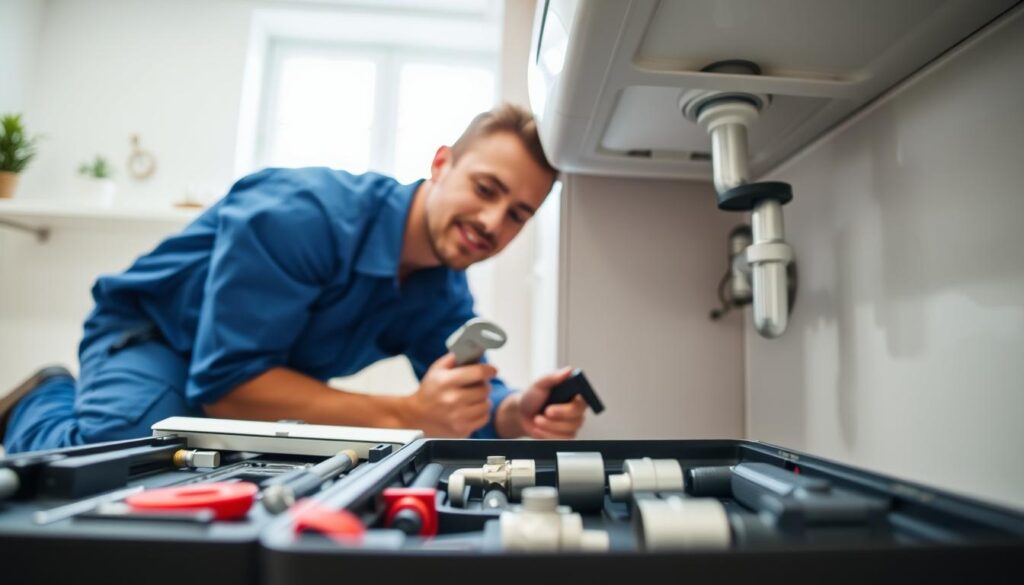 A professional male plumber in a blue uniform, focused on fixing a leak beneath a kitchen sink in a modern home. In the foreground, the plumber is crouched, tools scattered around, with an adjustable wrench in hand. The middle ground features a well-organized toolbox and parts replacement, showcasing plumbing supplies like pipes and fittings. The background is softly blurred, depicting a clean, bright kitchen setting with natural light filtering through a window. The atmosphere is calm and industrious, symbolizing reliability and expertise in plumbing services. The image captures an angle from slightly below eye level, enhancing the plumber’s engagement with the task while maintaining a professional atmosphere. A professional male plumber in a blue uniform, focused on fixing a leak beneath a kitchen sink in a modern home. In the foreground, the plumber is crouched, tools scattered around, with an adjustable wrench in hand. The middle ground features a well-organized toolbox and parts replacement, showcasing plumbing supplies like pipes and fittings. The background is softly blurred, depicting a clean, bright kitchen setting with natural light filtering through a window. The atmosphere is calm and industrious, symbolizing reliability and expertise in plumbing services. The image captures an angle from slightly below eye level, enhancing the plumber’s engagement with the task while maintaining a professional atmosphere.
