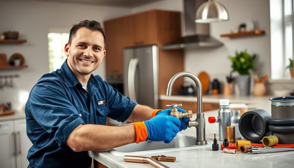 A professional plumber demonstrating his skills in a well-lit home environment, surrounded by plumbing tools and materials. In the foreground, a smiling technician in a blue uniform and safety gloves is working on a kitchen sink, showcasing the detailed plumbing fixtures. The middle ground features various plumbing supplies like pipes, wrenches, and fittings neatly arranged on a countertop. In the background, a clean and organized kitchen space with modern appliances and a warm color palette sets a welcoming atmosphere. Soft, natural lighting filters through a window, creating an inviting ambiance. The overall mood is one of professionalism and reliability, reflecting quality plumbing services available for homes and businesses. A professional plumber demonstrating his skills in a well-lit home environment, surrounded by plumbing tools and materials. In the foreground, a smiling technician in a blue uniform and safety gloves is working on a kitchen sink, showcasing the detailed plumbing fixtures. The middle ground features various plumbing supplies like pipes, wrenches, and fittings neatly arranged on a countertop. In the background, a clean and organized kitchen space with modern appliances and a warm color palette sets a welcoming atmosphere. Soft, natural lighting filters through a window, creating an inviting ambiance. The overall mood is one of professionalism and reliability, reflecting quality plumbing services available for homes and businesses.