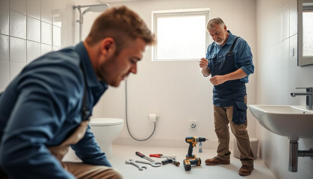 A professional plumber in a clean, modern bathroom, focused on installing a new geyser. The foreground features the plumber, a middle-aged man in a blue work shirt and khaki pants, actively working with tools. In the middle ground, the geyser and pipes are clearly visible, with tools like wrenches and a drill scattered neatly nearby. The background showcases a well-lit, contemporary bathroom with white tiles and a sleek sink, enhancing the maintenance and installation theme. Soft, natural light filters in through a frosted window, creating a warm and inviting atmosphere. Capture the action with a slightly elevated angle, emphasizing the professionalism and skill in plumbing services. A professional plumber in a clean, modern bathroom, focused on installing a new geyser. The foreground features the plumber, a middle-aged man in a blue work shirt and khaki pants, actively working with tools. In the middle ground, the geyser and pipes are clearly visible, with tools like wrenches and a drill scattered neatly nearby. The background showcases a well-lit, contemporary bathroom with white tiles and a sleek sink, enhancing the maintenance and installation theme. Soft, natural light filters in through a frosted window, creating a warm and inviting atmosphere. Capture the action with a slightly elevated angle, emphasizing the professionalism and skill in plumbing services.