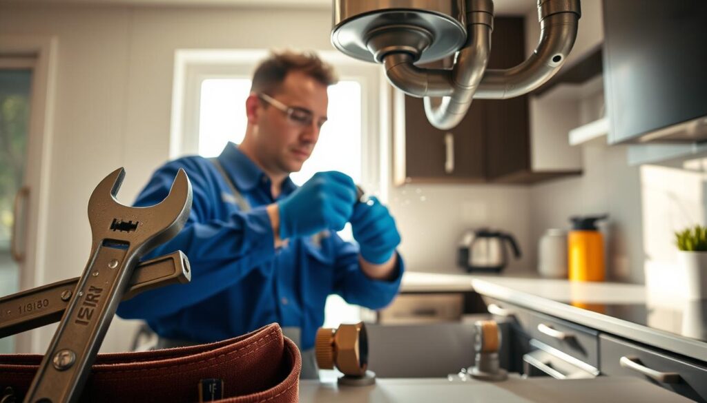 A professional plumber in a clean, well-lit home setting, wearing a blue uniform and gloves, inspecting under a kitchen sink. In the foreground, a wrench and pipe fittings are neatly arranged on a tool belt. In the middle, the plumber uses a flashlight to examine pipes, showcasing small droplets of water for realism. The background features a tidy kitchen with modern appliances and clean countertops, emphasizing a sense of order and maintenance. Soft, natural light streams through a nearby window, casting gentle shadows and creating a calm, productive atmosphere. The image captures the essence of plumbing maintenance, highlighting the importance of keeping a home running smoothly. A professional plumber in a clean, well-lit home setting, wearing a blue uniform and gloves, inspecting under a kitchen sink. In the foreground, a wrench and pipe fittings are neatly arranged on a tool belt. In the middle, the plumber uses a flashlight to examine pipes, showcasing small droplets of water for realism. The background features a tidy kitchen with modern appliances and clean countertops, emphasizing a sense of order and maintenance. Soft, natural light streams through a nearby window, casting gentle shadows and creating a calm, productive atmosphere. The image captures the essence of plumbing maintenance, highlighting the importance of keeping a home running smoothly.