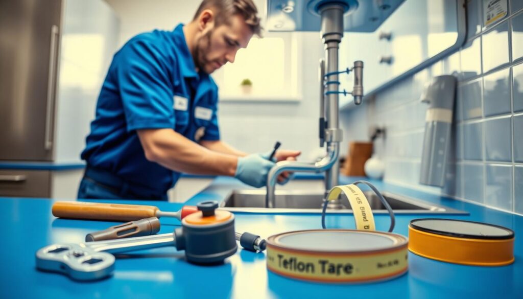 A professional plumber in a clean, well-organized workspace, wearing a blue uniform with a name badge, is fixing a leaky pipe under a sink. In the foreground, tools such as a wrench, plunger, and a roll of Teflon tape are neatly arranged on a blue workbench. The middle ground showcases the plumber in action, focused and engaged with the task at hand. The background features a well-lit kitchen with modern cabinetry and a small window allowing soft natural light to fill the room. The overall atmosphere is industrious and professional, emphasizing diligence in repairs, installations, and maintenance of plumbing systems. The scene is captured with a warm light effect, highlighting the plumber's precision and expertise, with a slightly tilted camera angle to add depth. A professional plumber in a clean, well-organized workspace, wearing a blue uniform with a name badge, is fixing a leaky pipe under a sink. In the foreground, tools such as a wrench, plunger, and a roll of Teflon tape are neatly arranged on a blue workbench. The middle ground showcases the plumber in action, focused and engaged with the task at hand. The background features a well-lit kitchen with modern cabinetry and a small window allowing soft natural light to fill the room. The overall atmosphere is industrious and professional, emphasizing diligence in repairs, installations, and maintenance of plumbing systems. The scene is captured with a warm light effect, highlighting the plumber's precision and expertise, with a slightly tilted camera angle to add depth.