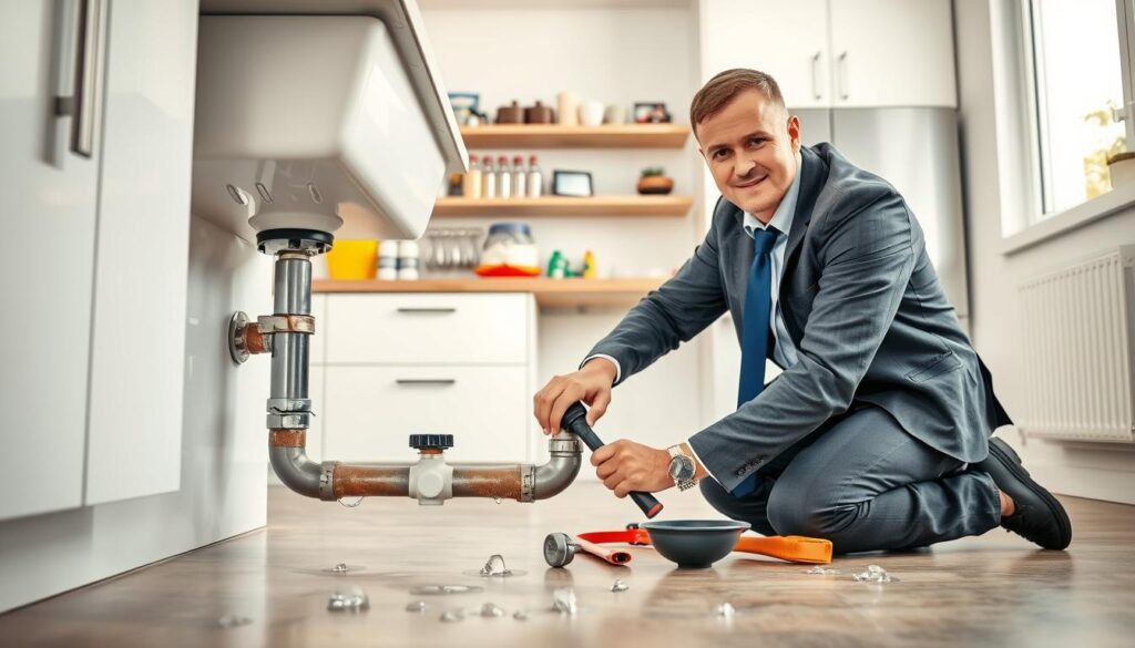 A professional plumber in business attire kneels near an open pipe beneath a sink in a modern kitchen. He has tools laid out beside him, including a wrench and a plunger, while actively working on fixing a leak. In the foreground, glistening water droplets hint at the issue at hand. The middle ground features a well-organized workshop area with various plumbing tools and supplies showcased on shelves, emphasizing the importance of preventative maintenance. In the background, soft natural light filters through a window, illuminating the clean, minimalistic design of the kitchen, creating a calm and efficient atmosphere. The overall mood is one of professionalism and competence, inviting trust in the plumbing services being offered. A professional plumber in business attire kneels near an open pipe beneath a sink in a modern kitchen. He has tools laid out beside him, including a wrench and a plunger, while actively working on fixing a leak. In the foreground, glistening water droplets hint at the issue at hand. The middle ground features a well-organized workshop area with various plumbing tools and supplies showcased on shelves, emphasizing the importance of preventative maintenance. In the background, soft natural light filters through a window, illuminating the clean, minimalistic design of the kitchen, creating a calm and efficient atmosphere. The overall mood is one of professionalism and competence, inviting trust in the plumbing services being offered.