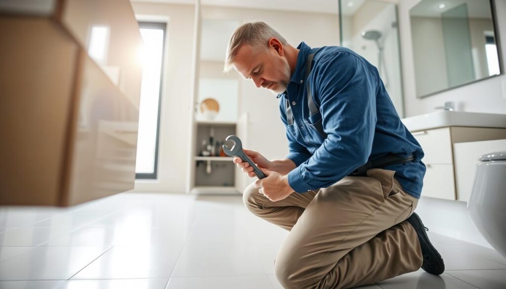 A professional plumber performing plumbing maintenance in a modern bathroom setting. In the foreground, a middle-aged man in a blue work shirt and khaki pants is kneeling next to an open cabinet under a sink, inspecting pipes with a wrench in hand. The middle ground features a clean, well-lit bathroom with white tiles, a shining vanity, and a large mirror reflecting the task at hand. In the background, soft natural light spills in from a frosted window, illuminating the space and creating a warm, inviting atmosphere. The angle is slightly low, focusing on the plumber's detailed work. The mood is industrious yet calm, emphasizing the importance of home repairs and maintenance. A professional plumber performing plumbing maintenance in a modern bathroom setting. In the foreground, a middle-aged man in a blue work shirt and khaki pants is kneeling next to an open cabinet under a sink, inspecting pipes with a wrench in hand. The middle ground features a clean, well-lit bathroom with white tiles, a shining vanity, and a large mirror reflecting the task at hand. In the background, soft natural light spills in from a frosted window, illuminating the space and creating a warm, inviting atmosphere. The angle is slightly low, focusing on the plumber's detailed work. The mood is industrious yet calm, emphasizing the importance of home repairs and maintenance.