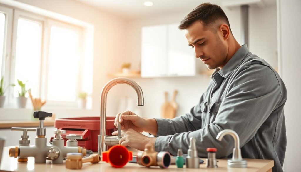 A professional plumber working diligently in a modern kitchen, surrounded by various plumbing tools and water-saving fixtures. In the foreground, the plumber, dressed in a neat uniform, is focused on installing a sleek faucet that showcases water efficiency. The middle ground features an assortment of plumbing supplies such as pipe fittings and a toolbox, highlighted by soft natural light coming from a nearby window, creating a welcoming atmosphere. In the background, a stylish kitchen with minimalist design elements, emphasizing functionality and eco-friendliness. The overall mood is one of reliability and professionalism, showcasing the importance of quality plumbing services and sustainable solutions. The scene is captured with a realistic lens effect, ensuring every detail is vivid and clear. A professional plumber working diligently in a modern kitchen, surrounded by various plumbing tools and water-saving fixtures. In the foreground, the plumber, dressed in a neat uniform, is focused on installing a sleek faucet that showcases water efficiency. The middle ground features an assortment of plumbing supplies such as pipe fittings and a toolbox, highlighted by soft natural light coming from a nearby window, creating a welcoming atmosphere. In the background, a stylish kitchen with minimalist design elements, emphasizing functionality and eco-friendliness. The overall mood is one of reliability and professionalism, showcasing the importance of quality plumbing services and sustainable solutions. The scene is captured with a realistic lens effect, ensuring every detail is vivid and clear.
