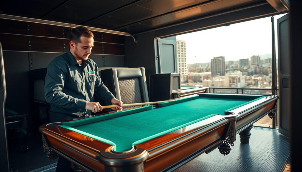 A professional pool table mover carefully securing an elegant, felt-covered pool table for transport. The mover, dressed in a smart, branded uniform, is using specialized equipment like a dolly and protective padding to ensure safety. In the foreground, detail the intricate designs on the pool table and the mover's focused expression. The middle ground showcases a well-organized transport vehicle with padded interiors and other pool tables ready for careful transport. In the background, a sunny Pretoria cityscape is visible, highlighting the warm environment. The lighting is bright and natural, enhancing the discussion of safety and compliance in the transport process. Capture a professional atmosphere emphasizing precision and care. A professional pool table mover carefully securing an elegant, felt-covered pool table for transport. The mover, dressed in a smart, branded uniform, is using specialized equipment like a dolly and protective padding to ensure safety. In the foreground, detail the intricate designs on the pool table and the mover's focused expression. The middle ground showcases a well-organized transport vehicle with padded interiors and other pool tables ready for careful transport. In the background, a sunny Pretoria cityscape is visible, highlighting the warm environment. The lighting is bright and natural, enhancing the discussion of safety and compliance in the transport process. Capture a professional atmosphere emphasizing precision and care.