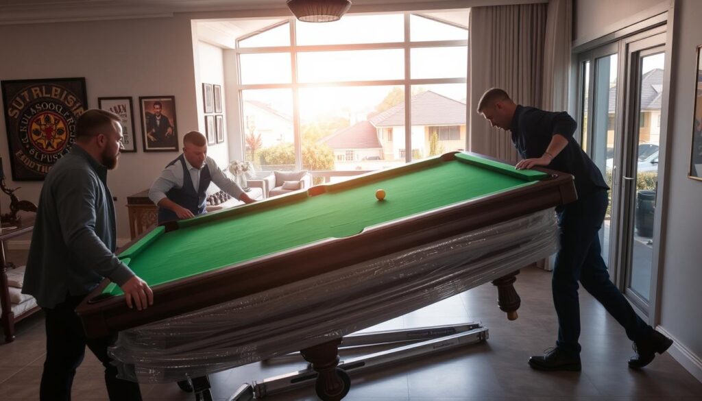 A professional pool table relocation service in action in Pretoria, showcasing a crew of two individuals in smart casual attire in the foreground carefully lifting and transporting a large, green-felted pool table. The movers should demonstrate teamwork and precision, with the table partially disassembled and protected with bubble wrap for safe transport. In the middle ground, a brightly lit interior of a residential setting can be seen, featuring walls adorned with snooker-themed decor and natural light streaming through large windows. The background displays glimpses of suburban Pretoria with its characteristic architecture, adding a warm, inviting atmosphere to the scene. The composition should emphasize professionalism and expertise, taken from a slightly low angle to dramatize the effort involved in relocation. A professional pool table relocation service in action in Pretoria, showcasing a crew of two individuals in smart casual attire in the foreground carefully lifting and transporting a large, green-felted pool table. The movers should demonstrate teamwork and precision, with the table partially disassembled and protected with bubble wrap for safe transport. In the middle ground, a brightly lit interior of a residential setting can be seen, featuring walls adorned with snooker-themed decor and natural light streaming through large windows. The background displays glimpses of suburban Pretoria with its characteristic architecture, adding a warm, inviting atmosphere to the scene. The composition should emphasize professionalism and expertise, taken from a slightly low angle to dramatize the effort involved in relocation.