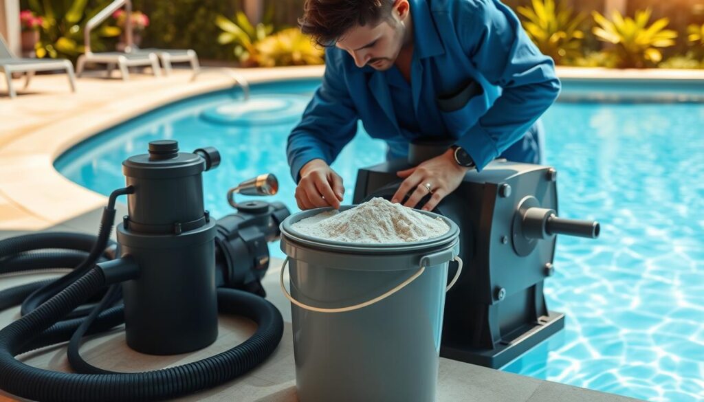 A professional pool technician in a blue uniform is carefully changing the sand in a large pool filter system, focused and precise. The foreground showcases various tools, including a sand vacuum and hose, along with a bucket filled with clean sand. In the middle ground, the filter unit is prominently displayed, highlighting its intricate components and connections. The background features a bright, sunny pool area with crystal-clear water, lush green plants, and a clean deck, creating a serene and inviting atmosphere. The scene is well-lit, capturing the sunlight reflecting off the water, and shot from a slightly elevated angle to provide a comprehensive view of the service process. The mood is professional and efficient, conveying the importance of regular pool maintenance for enhanced water clarity. A professional pool technician in a blue uniform is carefully changing the sand in a large pool filter system, focused and precise. The foreground showcases various tools, including a sand vacuum and hose, along with a bucket filled with clean sand. In the middle ground, the filter unit is prominently displayed, highlighting its intricate components and connections. The background features a bright, sunny pool area with crystal-clear water, lush green plants, and a clean deck, creating a serene and inviting atmosphere. The scene is well-lit, capturing the sunlight reflecting off the water, and shot from a slightly elevated angle to provide a comprehensive view of the service process. The mood is professional and efficient, conveying the importance of regular pool maintenance for enhanced water clarity.