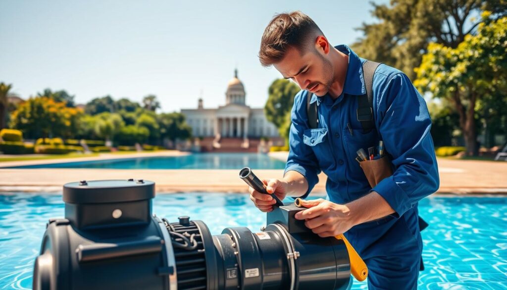 A professional pool technician in a neat blue uniform, equipped with tools, inspects a Zodiac pool pump in the foreground, showcasing intricate details of the pump's components. In the middle ground, there’s an open pool with crystal-clear water, surrounded by lush greenery typical of Pretoria gardens. In the background, you can see iconic Pretoria landmarks like the Union Buildings under a bright, sunny sky, enhancing the local feel. The lighting is bright and natural, illuminating the scene and reflecting off the water. The atmosphere is calm and professional, illustrating an expert approach to pool maintenance and repair in a beautiful setting. A professional pool technician in a neat blue uniform, equipped with tools, inspects a Zodiac pool pump in the foreground, showcasing intricate details of the pump's components. In the middle ground, there’s an open pool with crystal-clear water, surrounded by lush greenery typical of Pretoria gardens. In the background, you can see iconic Pretoria landmarks like the Union Buildings under a bright, sunny sky, enhancing the local feel. The lighting is bright and natural, illuminating the scene and reflecting off the water. The atmosphere is calm and professional, illustrating an expert approach to pool maintenance and repair in a beautiful setting.