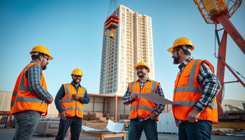 A professional rigging team in Pretoria, strategically planning a furniture move. In the foreground, a diverse group of four individuals dressed in bright safety vests and hard hats, discussing logistics around a large hoist and crane setup. The middle ground features a well-organized workspace with furniture pieces, tools, and blueprints spread out. In the background, a clear blue sky frames a tall, modern building typical of Pretoria's architecture. Soft, natural lighting highlights the teamwork and focus in the scene, enhancing the sense of professionalism and efficiency. The angle is slightly elevated, providing a comprehensive view of the planning in action, evoking a mood of determination and collaboration. A professional rigging team in Pretoria, strategically planning a furniture move. In the foreground, a diverse group of four individuals dressed in bright safety vests and hard hats, discussing logistics around a large hoist and crane setup. The middle ground features a well-organized workspace with furniture pieces, tools, and blueprints spread out. In the background, a clear blue sky frames a tall, modern building typical of Pretoria's architecture. Soft, natural lighting highlights the teamwork and focus in the scene, enhancing the sense of professionalism and efficiency. The angle is slightly elevated, providing a comprehensive view of the planning in action, evoking a mood of determination and collaboration.