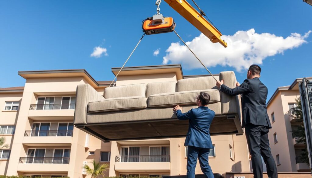 A professional scene depicting a furniture moving operation in Pretoria using a hoist and crane. In the foreground, a modern, reliable crane is lifting a large, elegant sofa, showcasing the power and precision of the equipment. Two skilled workers, dressed in professional business attire, carefully direct the lifting process, ensuring safety and efficiency. The middle ground features a well-maintained residential building to highlight the urban setting, and in the background, a clear blue sky with a few fluffy clouds enhances the atmosphere of a bright day. The lighting is bright and natural, casting soft shadows to give a sense of depth. The overall mood is one of professionalism, teamwork, and reliability in moving heavy furniture safely. A professional scene depicting a furniture moving operation in Pretoria using a hoist and crane. In the foreground, a modern, reliable crane is lifting a large, elegant sofa, showcasing the power and precision of the equipment. Two skilled workers, dressed in professional business attire, carefully direct the lifting process, ensuring safety and efficiency. The middle ground features a well-maintained residential building to highlight the urban setting, and in the background, a clear blue sky with a few fluffy clouds enhances the atmosphere of a bright day. The lighting is bright and natural, casting soft shadows to give a sense of depth. The overall mood is one of professionalism, teamwork, and reliability in moving heavy furniture safely.