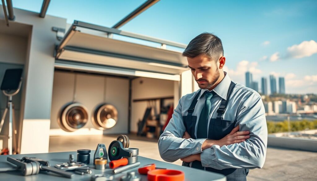 A professional service process scene in Pretoria focused on garage door repair. In the foreground, a skilled technician dressed in a smart uniform examines garage door rollers and pulleys, showcasing a variety of tools laid out beside them. The middle ground features a well-lit, modern garage with one garage door partially open, revealing its internal mechanism—rollers and pulleys glistening under cool, natural lighting. In the background, a clear view of Pretoria's skyline under a bright blue sky adds context. The atmosphere is one of professionalism and efficiency, with subtle colors conveying a sense of trust and reliability. The image should have a slight depth of field to emphasize the technician’s work while keeping the chaotic yet organized environment detailed and engaging. A professional service process scene in Pretoria focused on garage door repair. In the foreground, a skilled technician dressed in a smart uniform examines garage door rollers and pulleys, showcasing a variety of tools laid out beside them. The middle ground features a well-lit, modern garage with one garage door partially open, revealing its internal mechanism—rollers and pulleys glistening under cool, natural lighting. In the background, a clear view of Pretoria's skyline under a bright blue sky adds context. The atmosphere is one of professionalism and efficiency, with subtle colors conveying a sense of trust and reliability. The image should have a slight depth of field to emphasize the technician’s work while keeping the chaotic yet organized environment detailed and engaging.