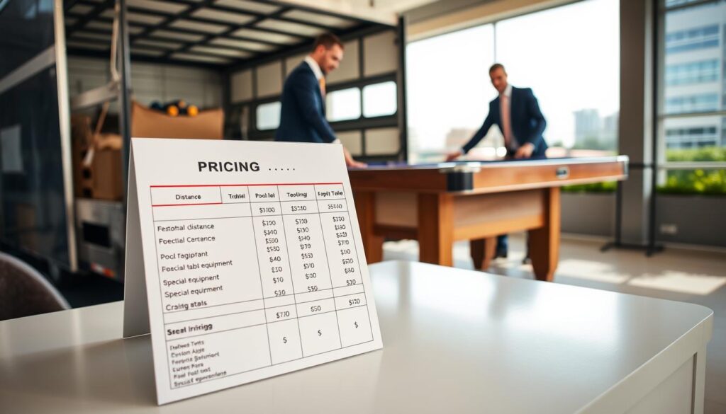 A professional setting showcasing a pricing board for pool table moving services. In the foreground, a sleek, modern table displays a detailed pricing guide, featuring various costs and factors such as distance, table size, and special equipment. In the middle ground, two movers in professional attire carefully handle a disassembled pool table with protective padding, emphasizing their expertise and attention to detail. The background features a clean, well-organized moving truck with tools and equipment visible. Bright, soft lighting highlights the table and movers, creating a professional and welcoming atmosphere, while a blurred landscape outside suggests an urban setting in Pretoria. The angle captures the action from slightly above, providing depth and context to the scene. A professional setting showcasing a pricing board for pool table moving services. In the foreground, a sleek, modern table displays a detailed pricing guide, featuring various costs and factors such as distance, table size, and special equipment. In the middle ground, two movers in professional attire carefully handle a disassembled pool table with protective padding, emphasizing their expertise and attention to detail. The background features a clean, well-organized moving truck with tools and equipment visible. Bright, soft lighting highlights the table and movers, creating a professional and welcoming atmosphere, while a blurred landscape outside suggests an urban setting in Pretoria. The angle captures the action from slightly above, providing depth and context to the scene.