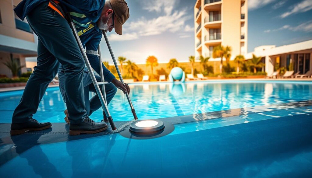 A professional team of technicians carefully installing LED lights in a commercial swimming pool; foreground shows two workers in professional business attire, equipped with tools and mounted ladder, focused on placing a bright LED fixture into the pool's edge. Middle space depicts the pool area with shimmering blue water reflecting the lights, surrounded by landscaped gardens and modern architectural elements of the building. In the background, a sunny Pretoria day with a clear sky enhances the vibrant colors of the scene. Shot from a low angle to emphasize the depth of the installation work and the pool setting, with warm lighting creating an inviting atmosphere that conveys professionalism and expertise in pool lighting installation. A professional team of technicians carefully installing LED lights in a commercial swimming pool; foreground shows two workers in professional business attire, equipped with tools and mounted ladder, focused on placing a bright LED fixture into the pool's edge. Middle space depicts the pool area with shimmering blue water reflecting the lights, surrounded by landscaped gardens and modern architectural elements of the building. In the background, a sunny Pretoria day with a clear sky enhances the vibrant colors of the scene. Shot from a low angle to emphasize the depth of the installation work and the pool setting, with warm lighting creating an inviting atmosphere that conveys professionalism and expertise in pool lighting installation.