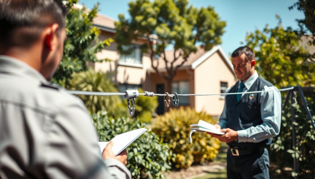 A professional technician conducts an on-site assessment of a damaged washing line in a residential Pretoria garden. In the foreground, the technician, dressed in a neat uniform, takes notes while examining the washing line's components. The middle ground features the damaged washing line, with broken parts clearly visible, surrounded by greenery typical of Pretoria's climate. In the background, there’s a suburban house with a clear blue sky, emphasizing a warm, sunny atmosphere. The lighting casts soft shadows, enhancing the detailed textures of the technician’s clothing and the washing line. The scene conveys a sense of professionalism and care, reflecting an active and attentive repair assessment process. A professional technician conducts an on-site assessment of a damaged washing line in a residential Pretoria garden. In the foreground, the technician, dressed in a neat uniform, takes notes while examining the washing line's components. The middle ground features the damaged washing line, with broken parts clearly visible, surrounded by greenery typical of Pretoria's climate. In the background, there’s a suburban house with a clear blue sky, emphasizing a warm, sunny atmosphere. The lighting casts soft shadows, enhancing the detailed textures of the technician’s clothing and the washing line. The scene conveys a sense of professionalism and care, reflecting an active and attentive repair assessment process.